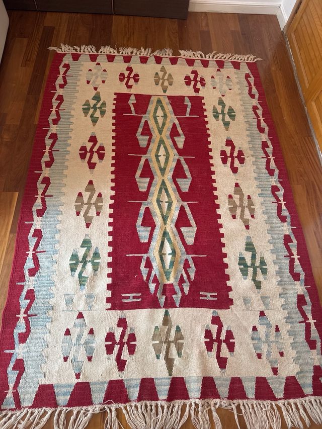 Alfombra de lana beige y roja 180 x 124