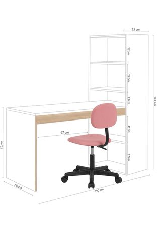 Escritorio con estantería y silla rosa ergonómica