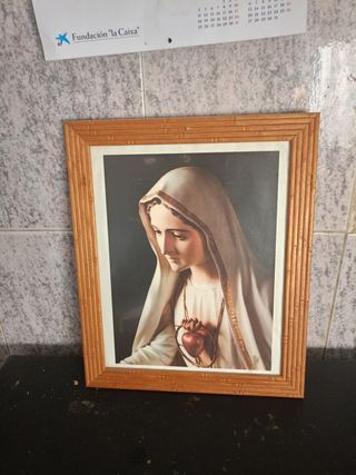 Cuadro Virgen Corazón Sagrado Marco Bambú