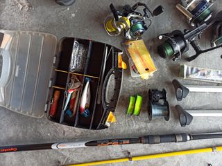 Lote material pesca: cañas, carretes, red