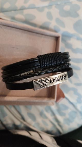 Pulsera Armani Cuero Hombre Negra y Plateada