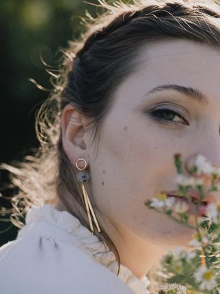 Pendientes largos oro rosa cuarzo
