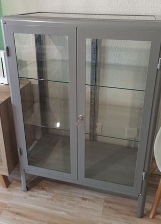 Vitrina gris con puertas de cristal