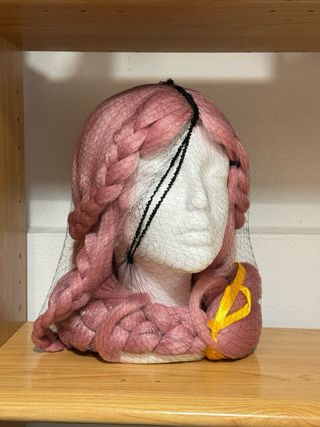 Peluca Luli Pampín Rosa trenzada y estilizada. 