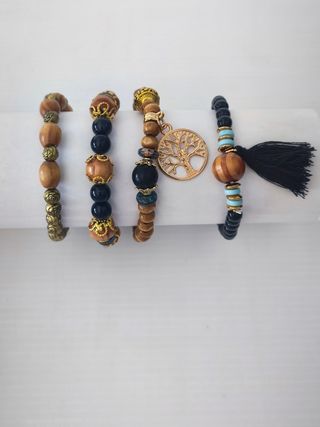 Conjunto 3 Pulseras Madera y Piedra Negra