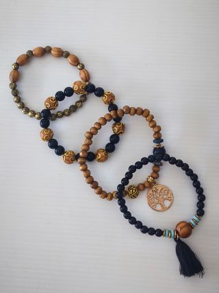 Conjunto 3 Pulseras Madera y Piedra Negra