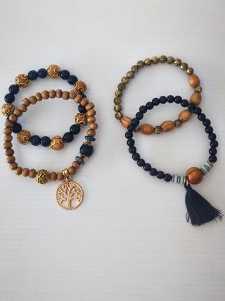 Conjunto 3 Pulseras Madera y Piedra Negra