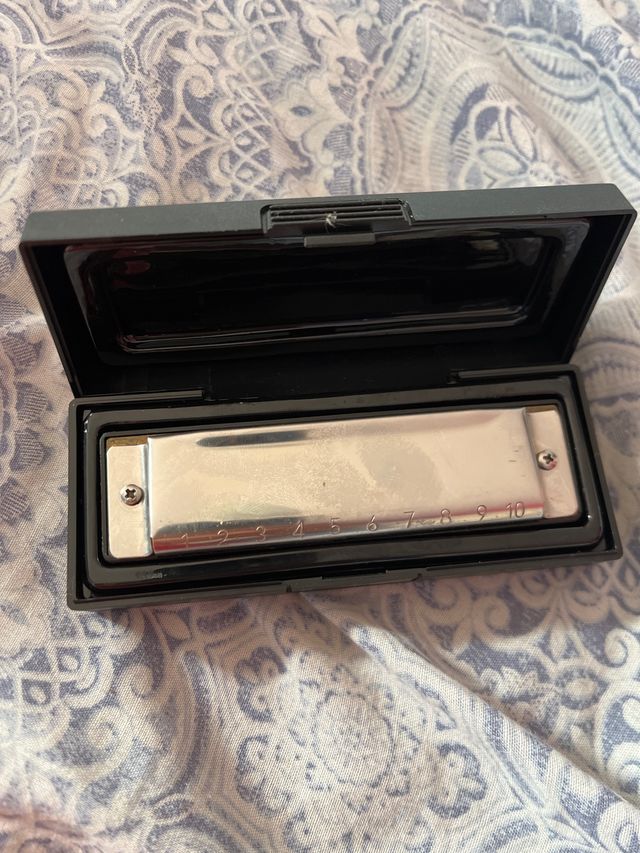 Armónica plateada con estuche