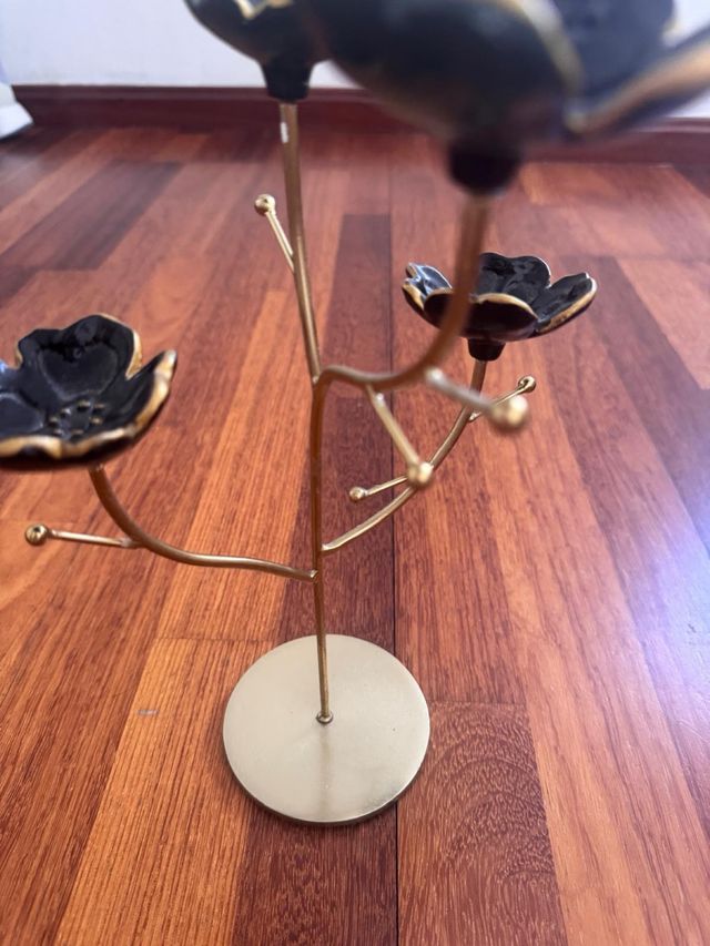 Organizador Joyas Metal Cerámica Flor Negro Dorado