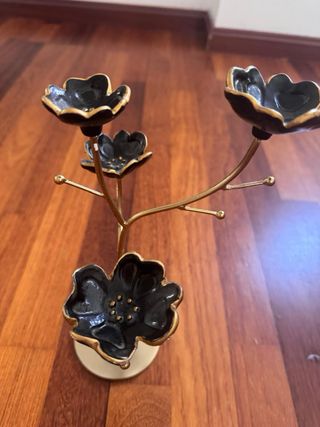 Organizador Joyas Metal Cerámica Flor Negro Dorado