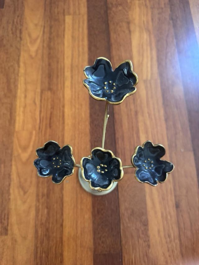 Organizador Joyas Metal Cerámica Flor Negro Dorado