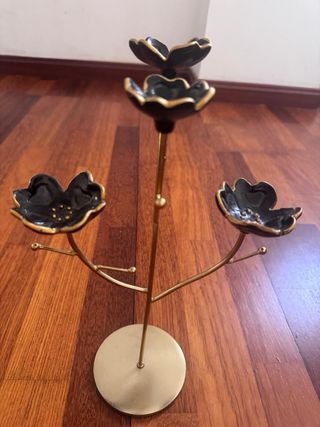 Organizador Joyas Metal Cerámica Flor Negro Dorado