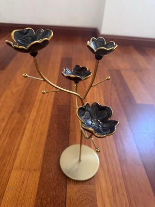 Organizador Joyas Metal Cerámica Flor Negro Dorado