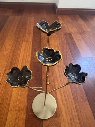 Organizador Joyas Metal Cerámica Flor Negro Dorado