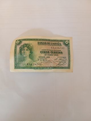 Billete 5 Pesetas 1935 Banco de España Plata