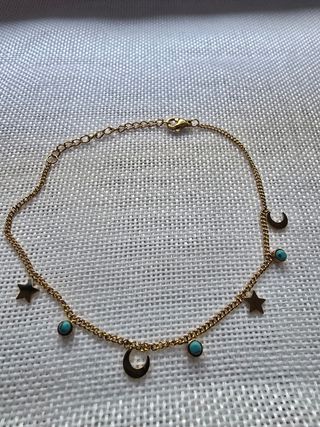 Pulsera Tobillera Estrellas Lunas Turquesas Dorada