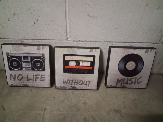 Conjunto 3 cuadros música boombox vinilo