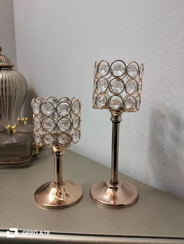 Coppia Portacandele Cristallo e Metallo Dorato