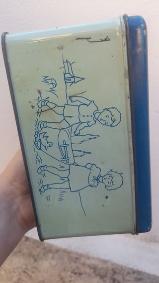 Scatola di latta vintage bambini e cane