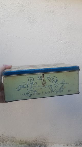 Scatola di latta vintage bambini e cane