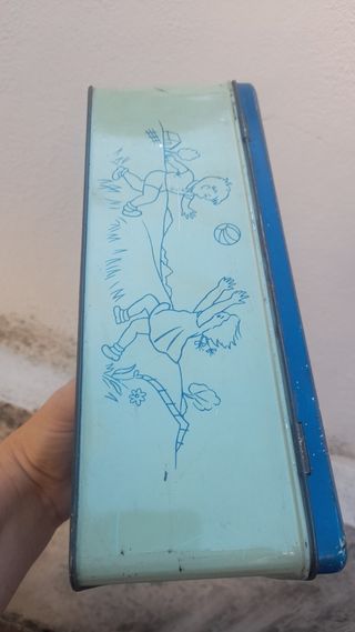 Scatola di latta vintage bambini e cane