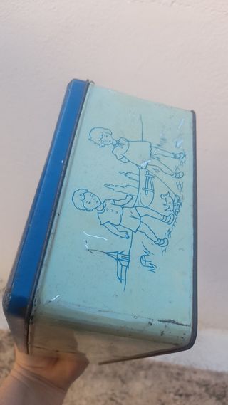 Scatola di latta vintage bambini e cane