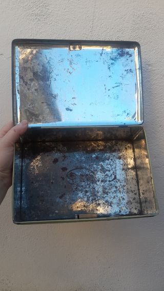 Scatola di latta vintage bambini e cane