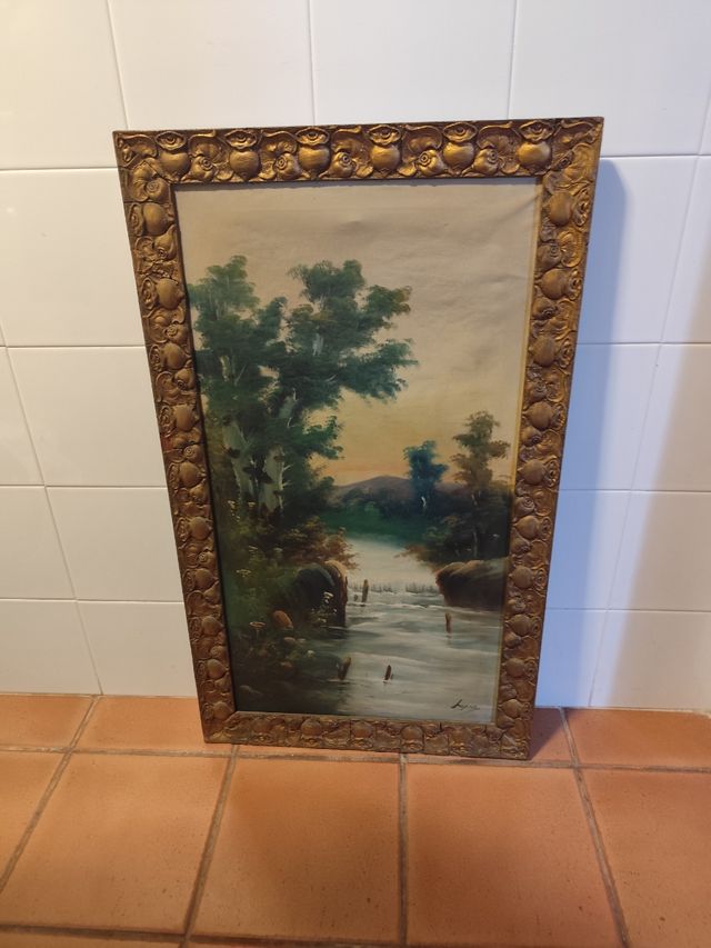 Cuadro paisaje río y árboles