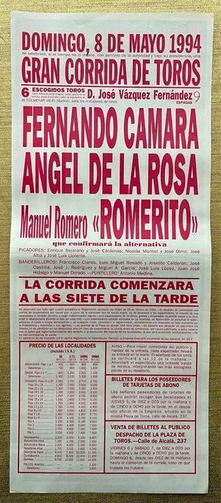 CARTEL DE TOROS DE MADRID 8/5/1994