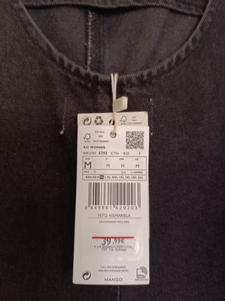 Peto vaquero negro Mango Talla M, sin estrenar 