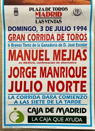 CARTEL DE TOROS DE MADRID 3/7/1994