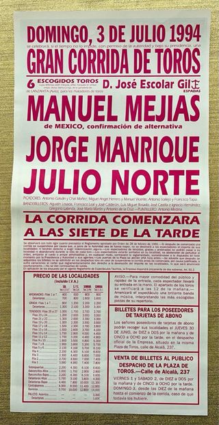 CARTEL DE TOROS DE MADRID 3/7/1994
