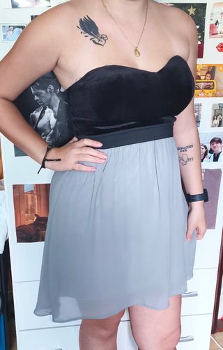 Vestido palabra de honor negro y gris