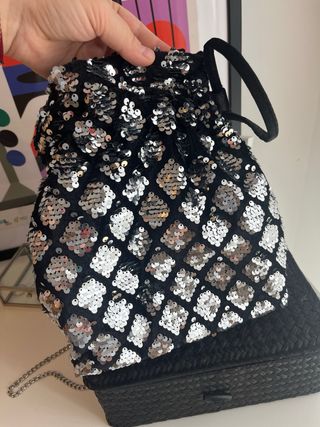 Bolso bombonera fiesta lentejuelas negro/plata