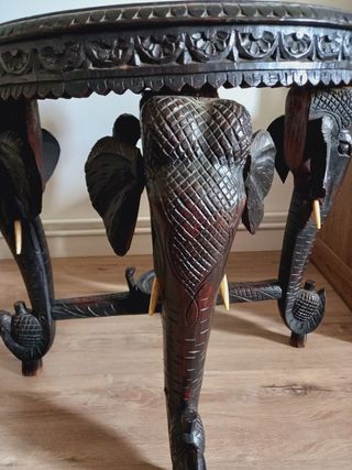 Mesa Hindú Antigua Madera Elefantes