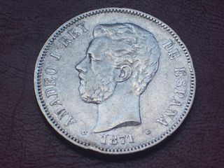 Moneda 5 Pesetas Plata Amadeo I 1871*18-74