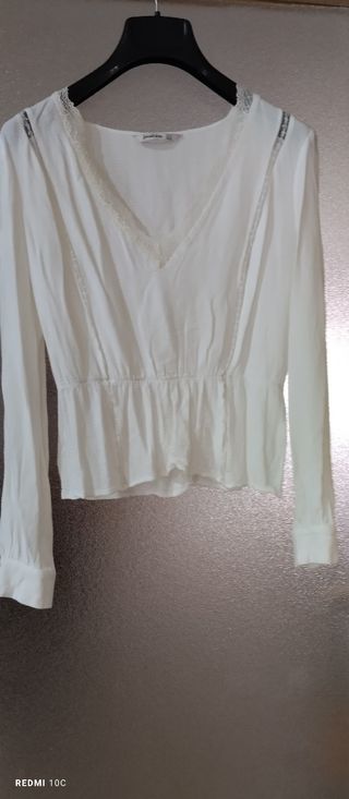 Blusa Stradivarius Blanca Encaje Manga Larga