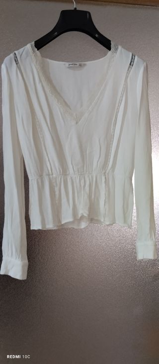 Blusa Stradivarius Blanca Encaje Manga Larga