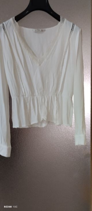 Blusa Stradivarius Blanca Encaje Manga Larga