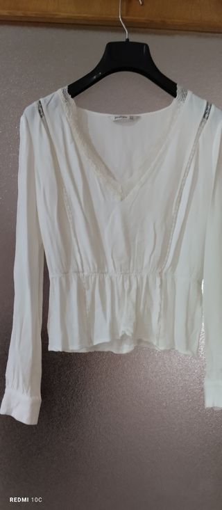 Blusa Stradivarius Blanca Encaje Manga Larga