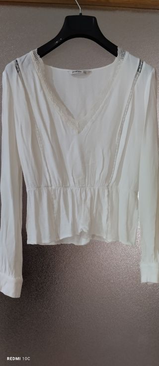 Blusa Stradivarius Blanca Encaje Manga Larga