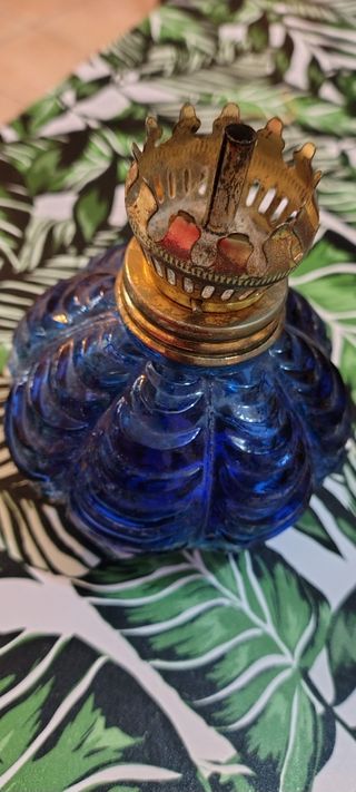 Lampada a olio in vetro blu e metallo dorato