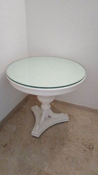 Mesa redonda cristal y madera blanca