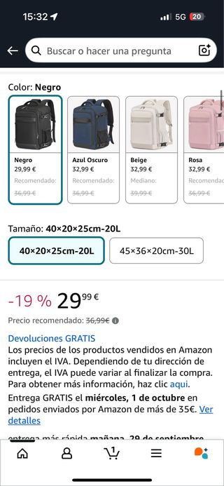 Mochila de viaje 20L negra