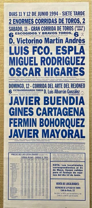CARTEL DE TOROS DE MADRID 11 Y 12/6/1994