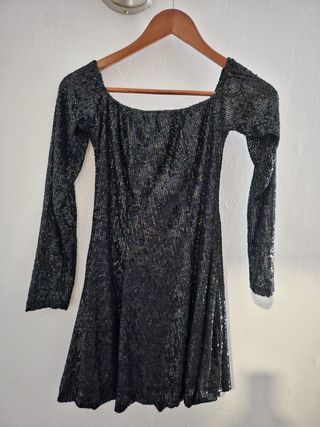 Vestido fiesta lentejuelas negro y dorado