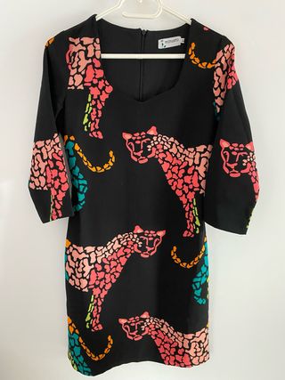 Vestido Minueto Negro Estampado Leopardo