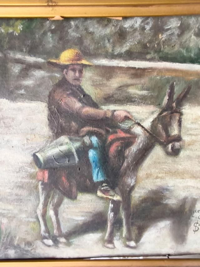 Dipinto di un uomo che cavalca un asino su cartone