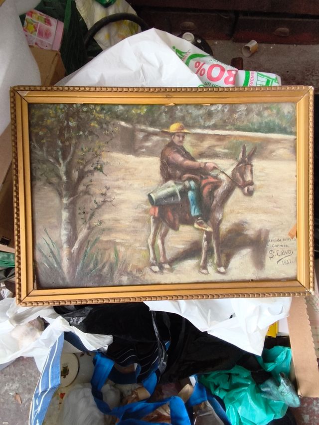 Dipinto di un uomo che cavalca un asino su cartone