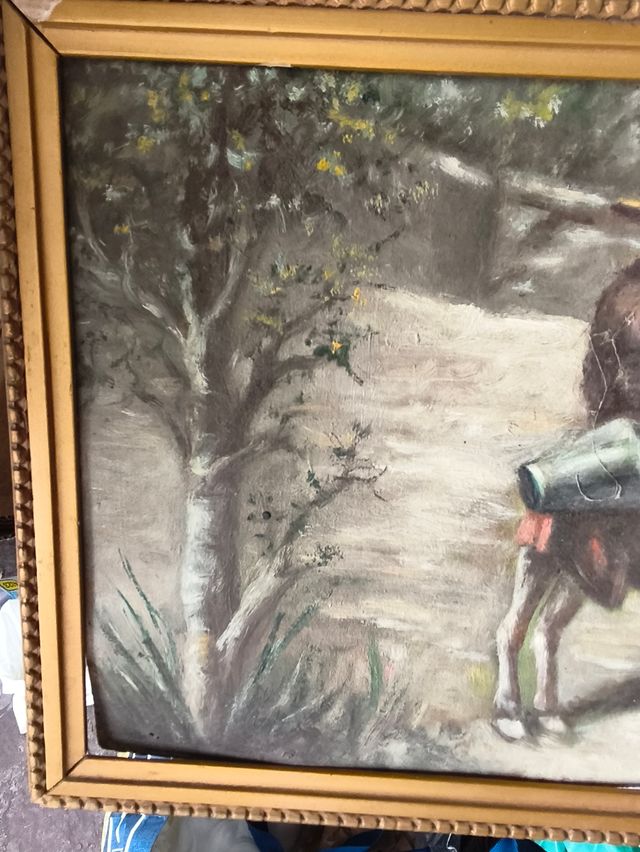 Dipinto di un uomo che cavalca un asino su cartone